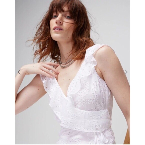 COPY White House Black Market Eyelet Ruffle Wrap Dress in White Size 12 - Picture 2 of 7
